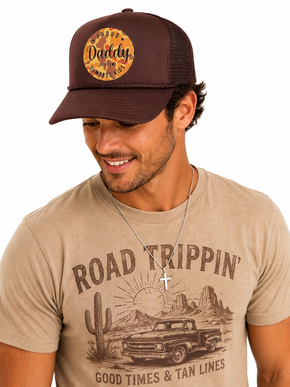 Brown Trucker Hat with 'Daddy Of A Few Dumba** Kids' Patch